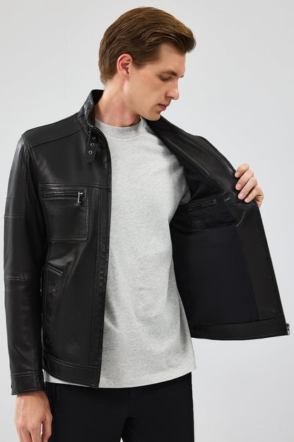 Wade Erkek Siyah Slim-fit Deri Mont