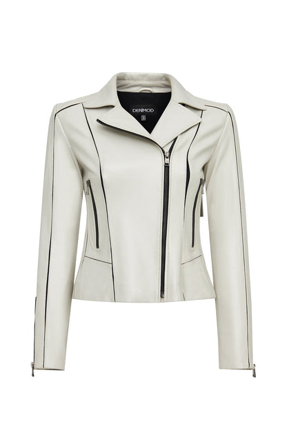 Kiara Kadın Bej Slim-fit Biker Deri Ceket