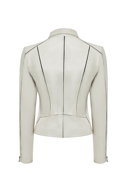 Kiara Kadın Bej Slim-fit Biker Deri Ceket