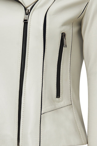 Kiara Kadın Bej Slim-fit Biker Deri Ceket