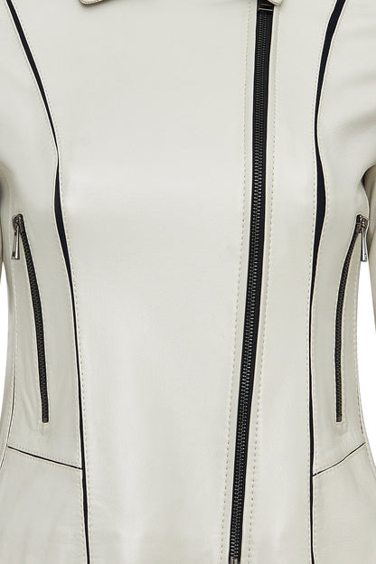 Kiara Kadın Bej Slim-fit Biker Deri Ceket