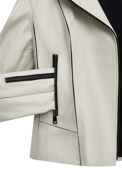 Kiara Kadın Bej Slim-fit Biker Deri Ceket