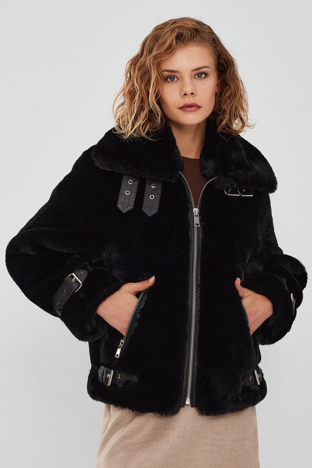 Anabel Kadın Siyah Teddy Deri Mont