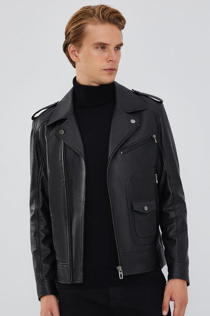 Carter Erkek Siyah Biker Deri Mont