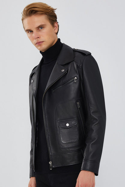 Carter Erkek Siyah Biker Deri Mont