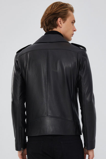 Carter Erkek Siyah Biker Deri Mont