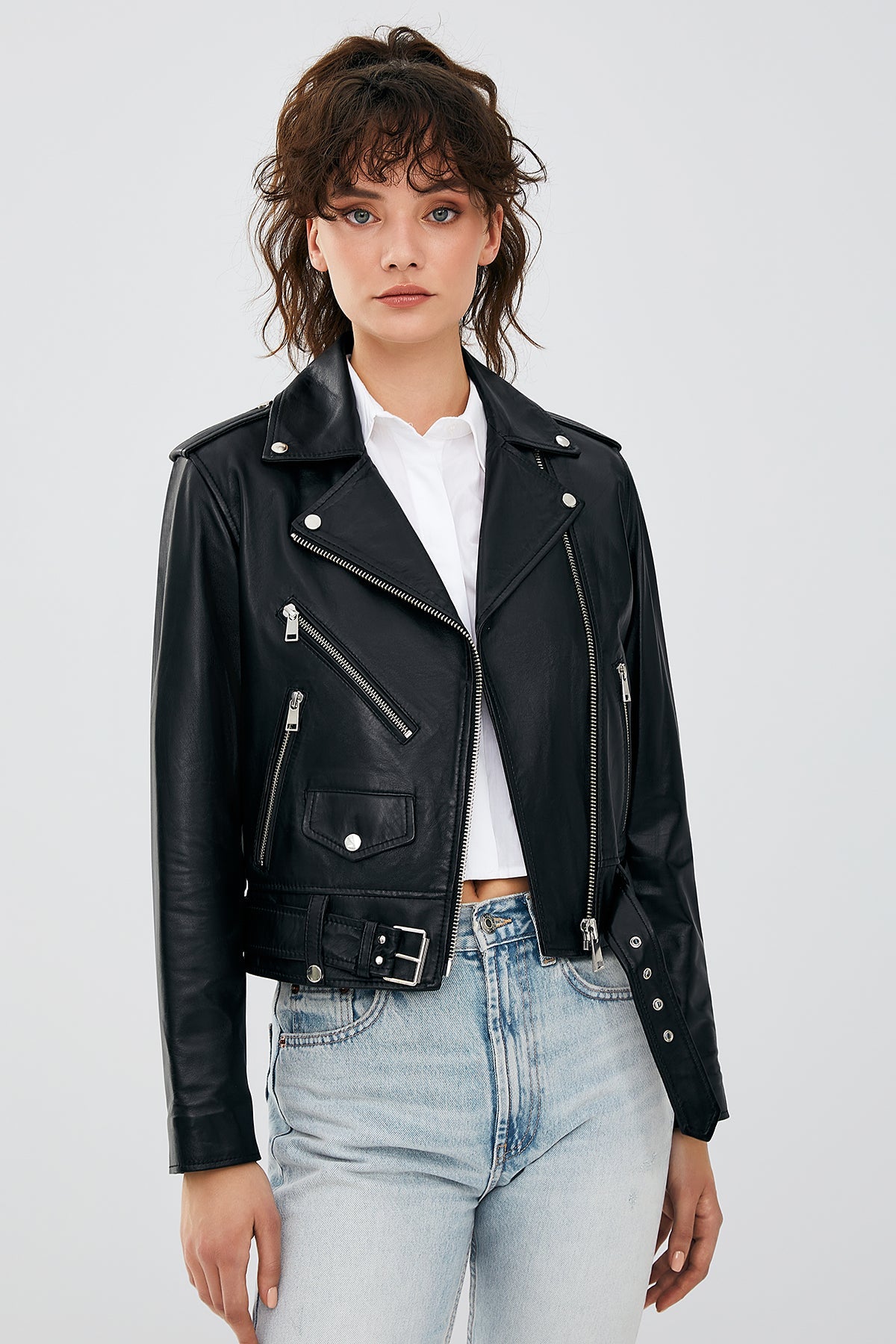Newage Kadın Siyah Slim-fit Biker Deri Ceket