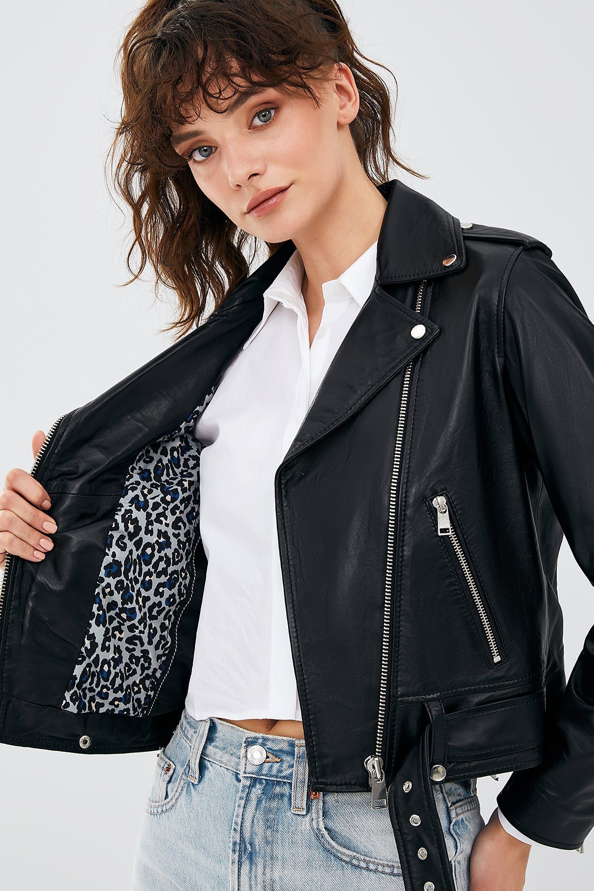 Newage Kadın Siyah Slim-fit Biker Deri Ceket