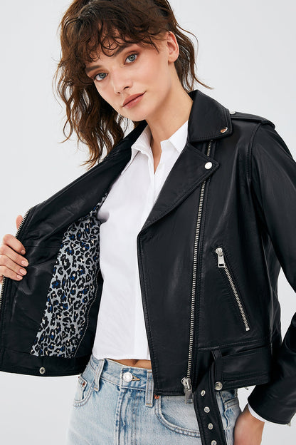 Newage Kadın Siyah Slim-fit Biker Deri Ceket