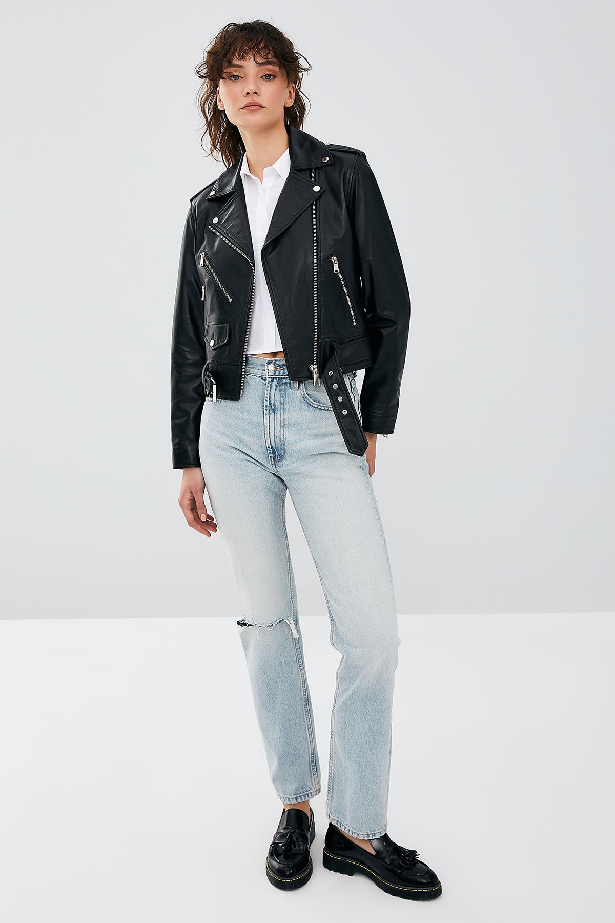 Newage Kadın Siyah Slim-fit Biker Deri Ceket
