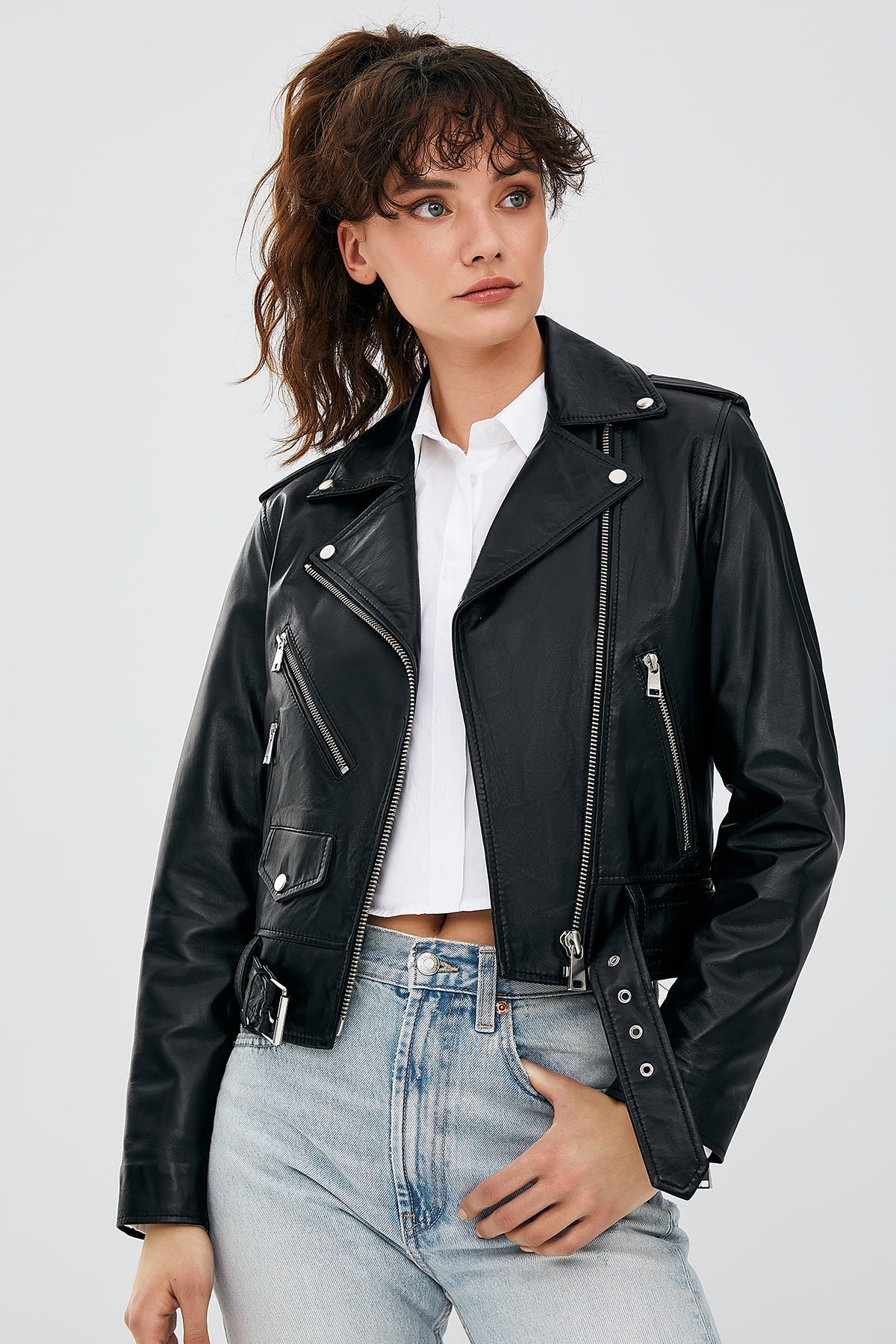 Newage Kadın Siyah Slim-fit Biker Deri Ceket