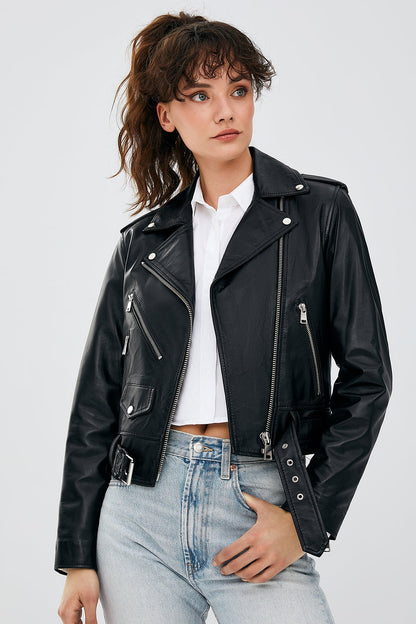 Newage Kadın Siyah Slim-fit Biker Deri Ceket