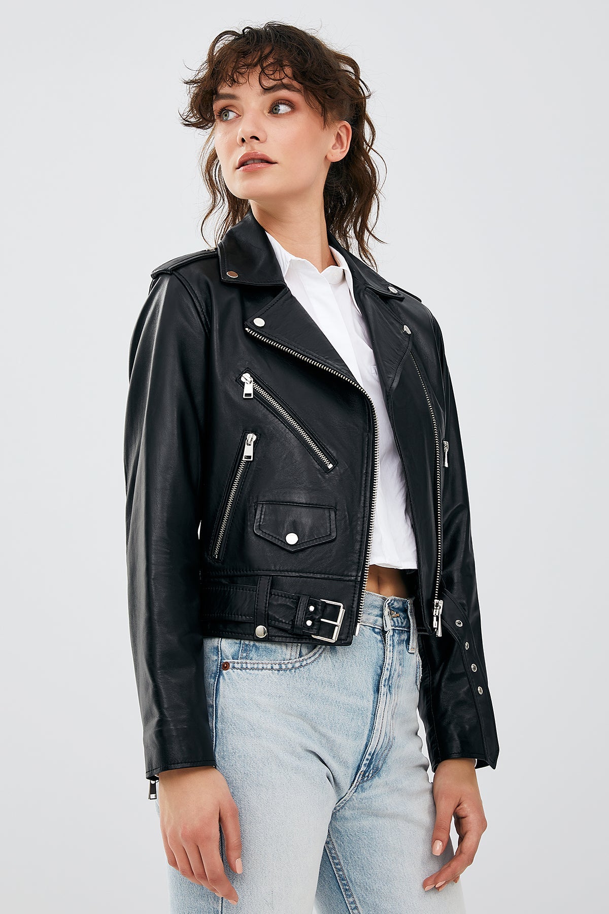 Newage Kadın Siyah Slim-fit Biker Deri Ceket