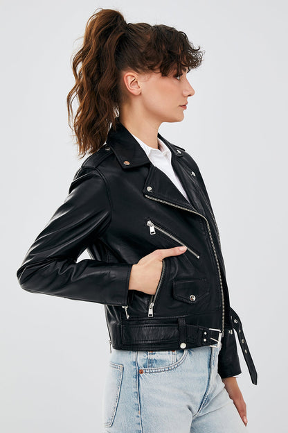 Newage Kadın Siyah Slim-fit Biker Deri Ceket