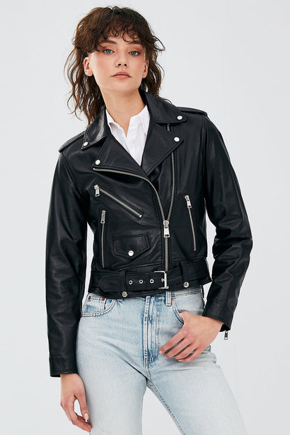 Newage Kadın Siyah Slim-fit Biker Deri Ceket