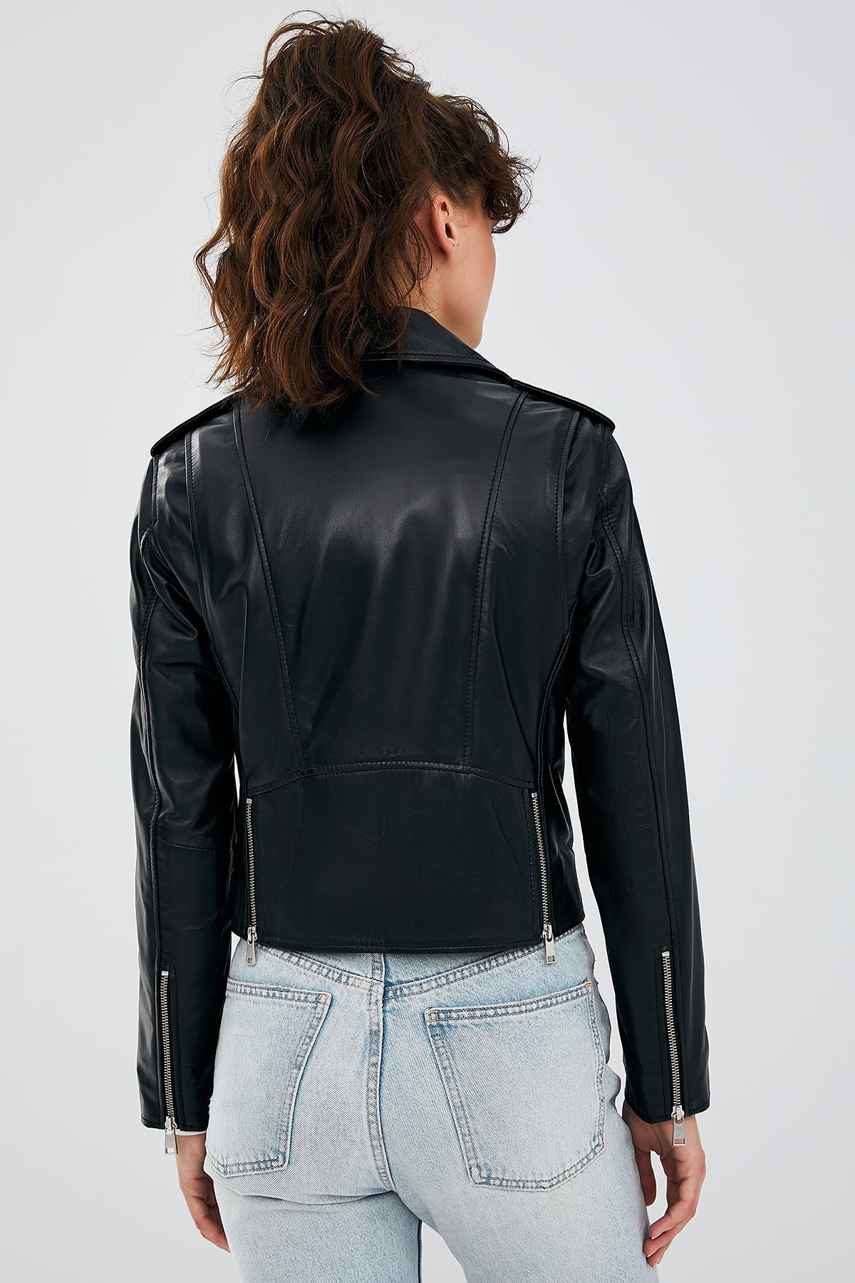 Newage Kadın Siyah Slim-fit Biker Deri Ceket