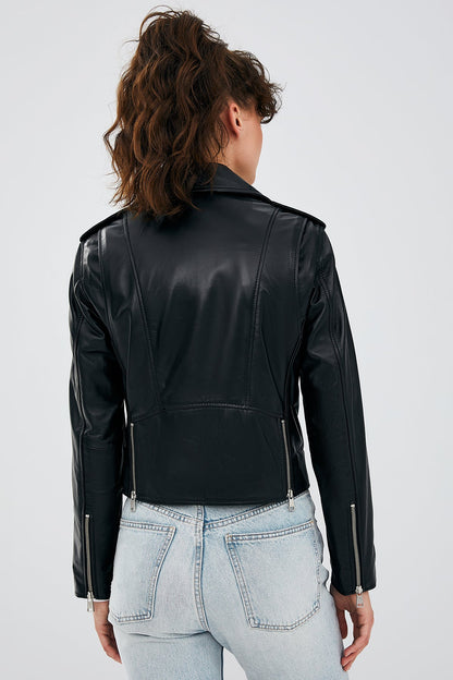 Newage Kadın Siyah Slim-fit Biker Deri Ceket