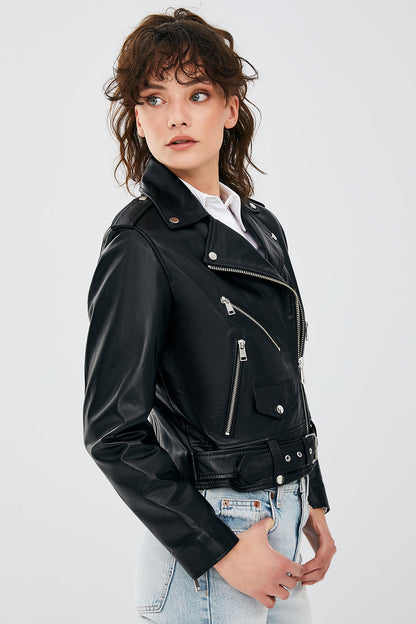 Newage Kadın Siyah Slim-fit Biker Deri Ceket