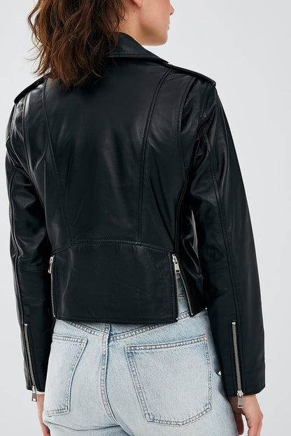 Newage Kadın Siyah Slim-fit Biker Deri Ceket