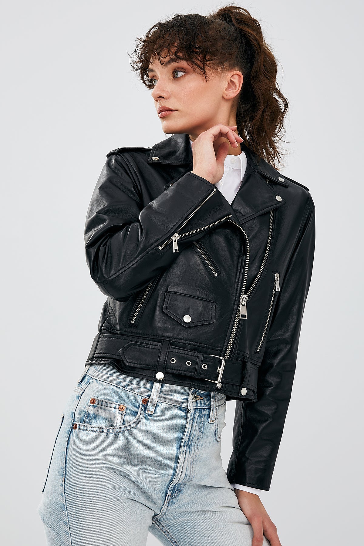 Newage Kadın Siyah Slim-fit Biker Deri Ceket