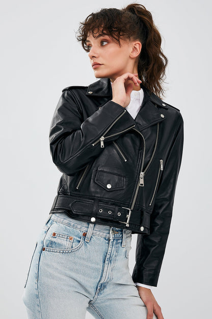 Newage Kadın Siyah Slim-fit Biker Deri Ceket