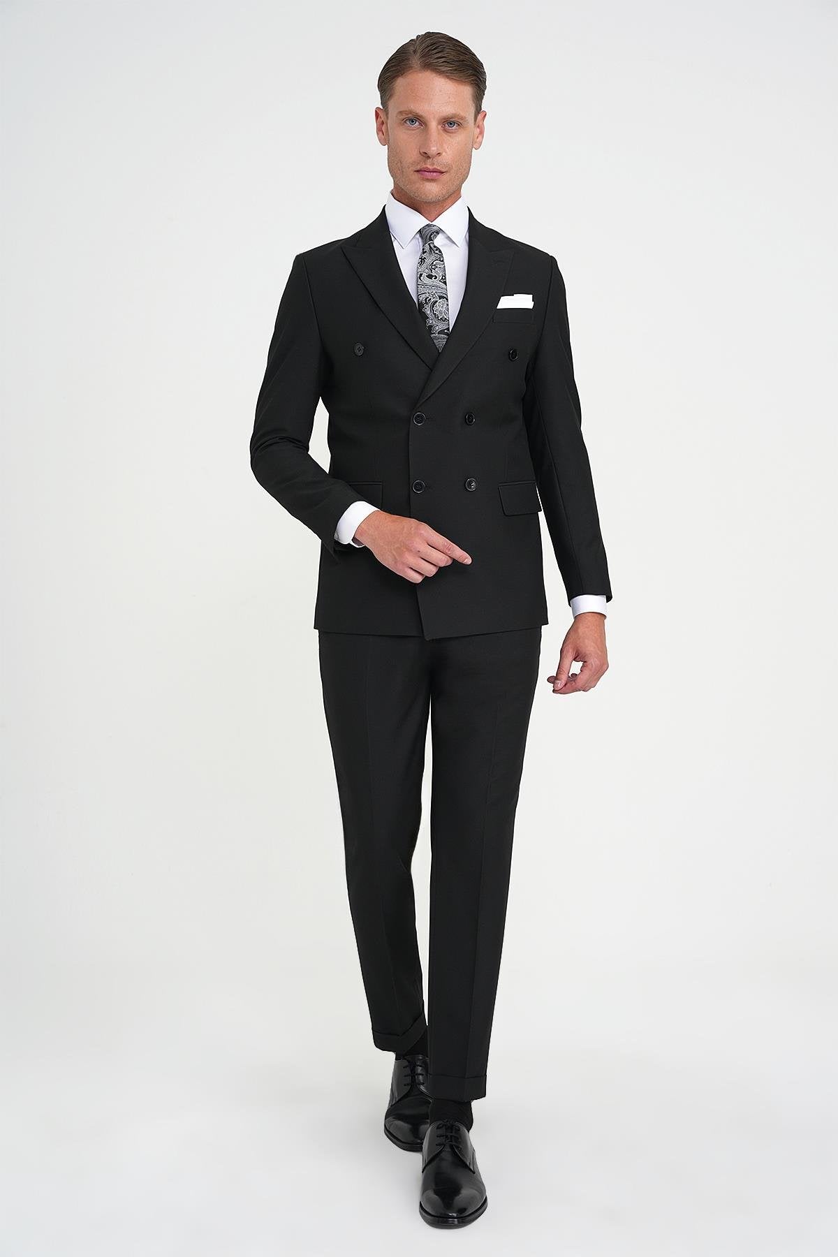 Slim Fit Çift Yırtmaç Kruvaze Klasik Siyh Takım Elbise Tk 919