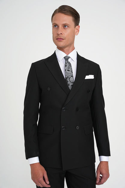Slim Fit Çift Yırtmaç Kruvaze Klasik Siyh Takım Elbise Tk 919