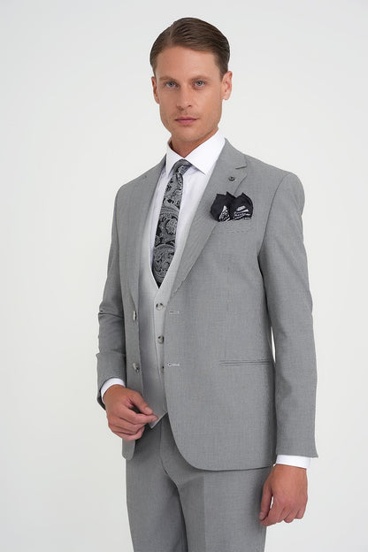 Slim Fit Fleto Cep Pötikare Desenli Yelekli Siyah Takım Elbise Tk 922