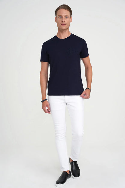 Comfort Fit Bisiklet Yaka Nakışlı Kısa Kol Lacivert Pamuk Tişört Ts 910