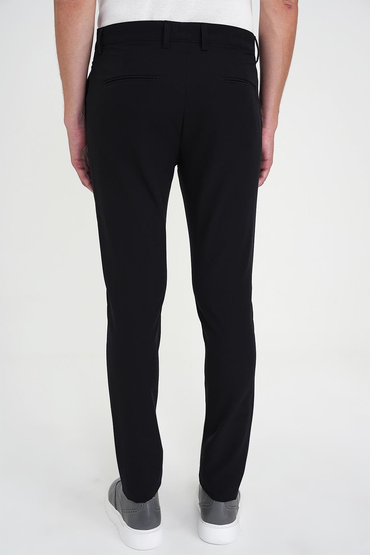 Slim Fit Yan Cepli Esnek Düz Siyah Pamuk Pantolon P 1197
