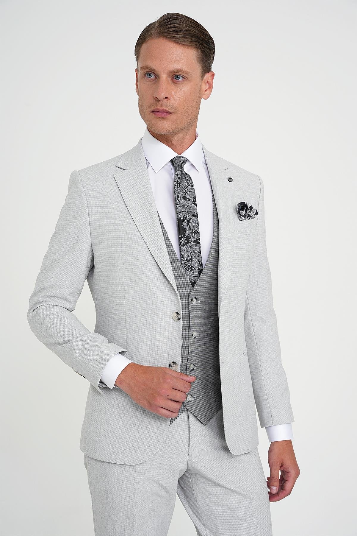 Slim Fit Fleto Cep Pötikare Desenli Yelekli Gri Takım Elbise Tk 922