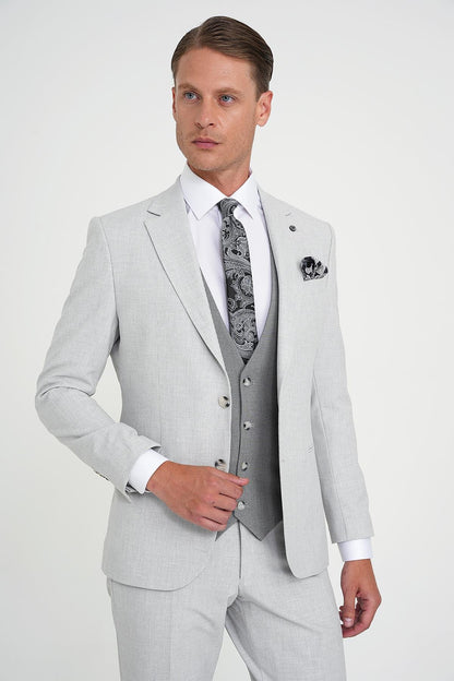 Slim Fit Fleto Cep Pötikare Desenli Yelekli Gri Takım Elbise Tk 922