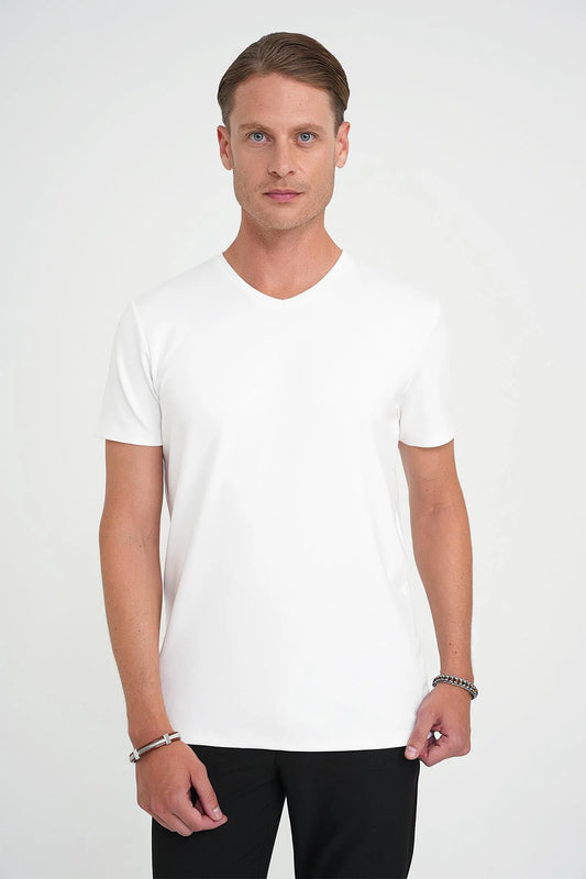 Comfort Fit V Yaka Esnek Pamuk Düz Kısa Kol Beyaz Tişört Ts 907