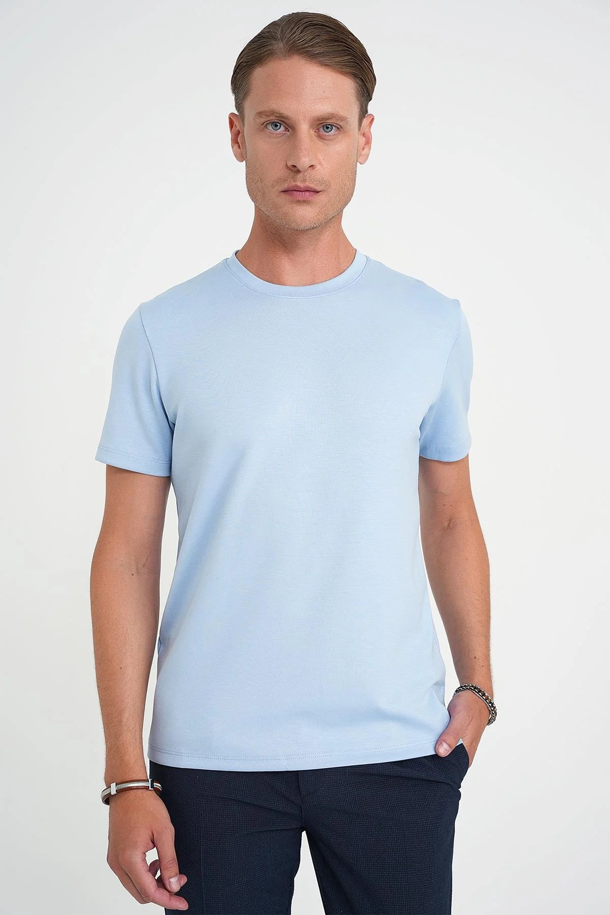 Ts 885 Comfort Fit Bisiklet Yaka Esnek Pamuk Casuel Mavi Tişört