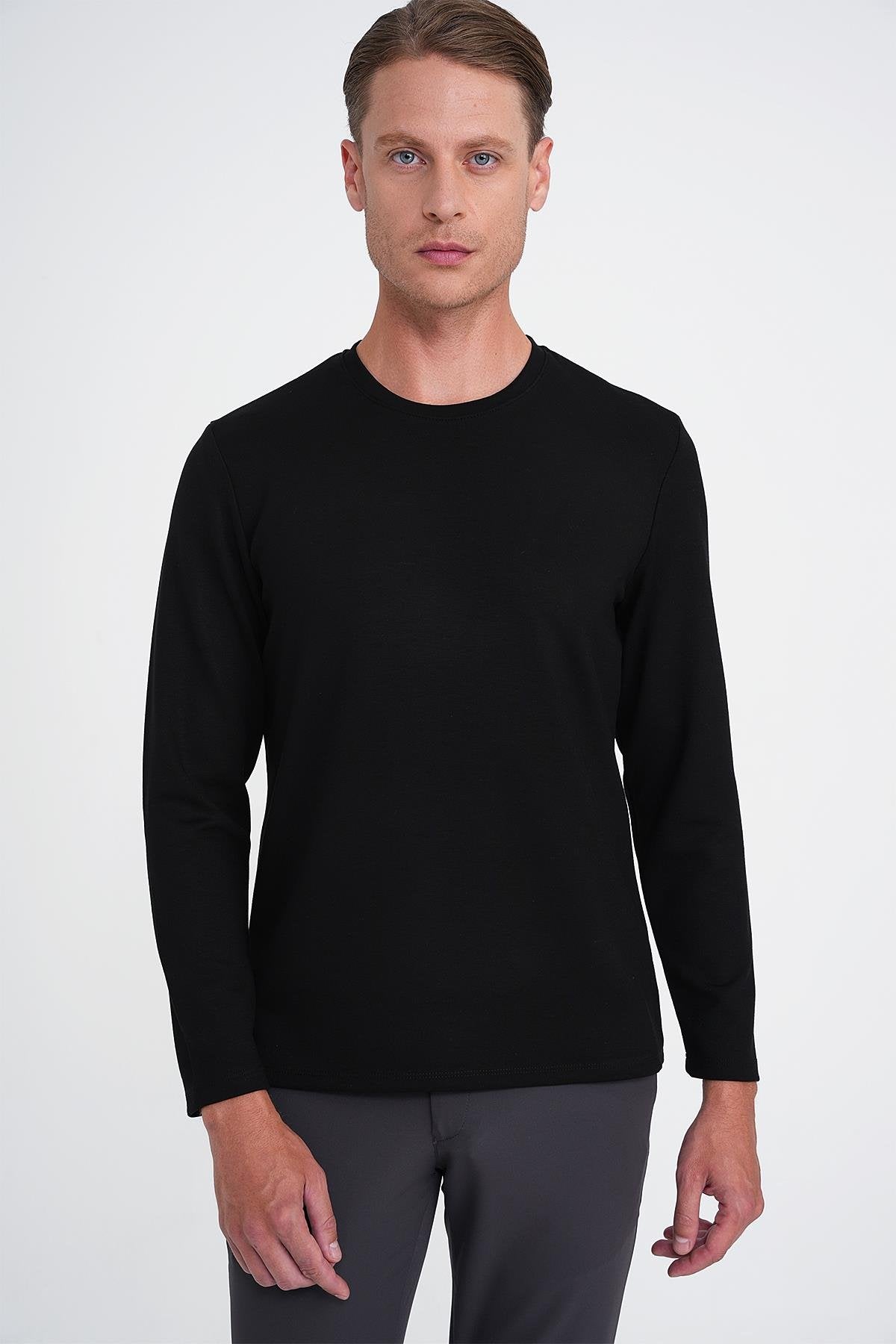Ts 892 Comfort Fit Bisiklet Yaka Uzun Kol Casuel Siyah Tişört