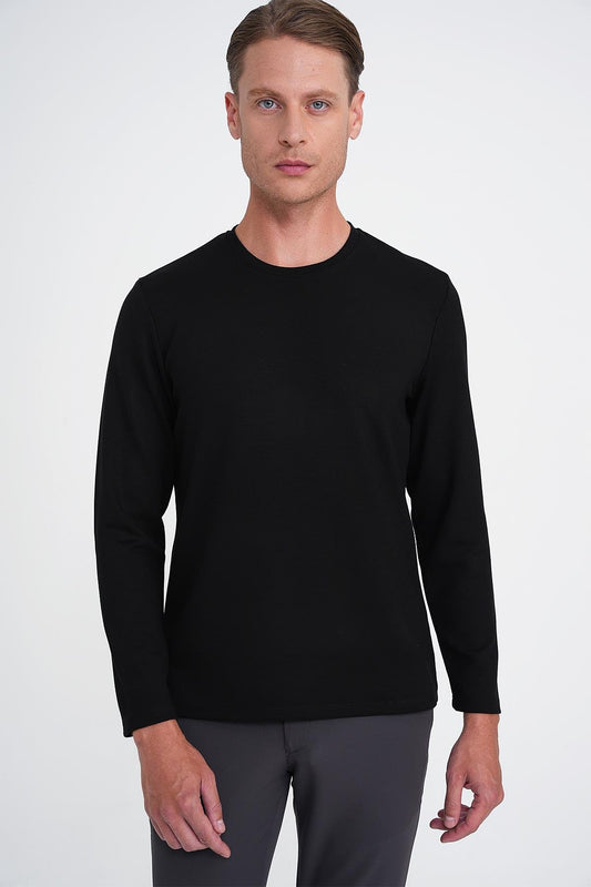 Ts 892 Comfort Fit Bisiklet Yaka Uzun Kol Casuel Siyah Tişört