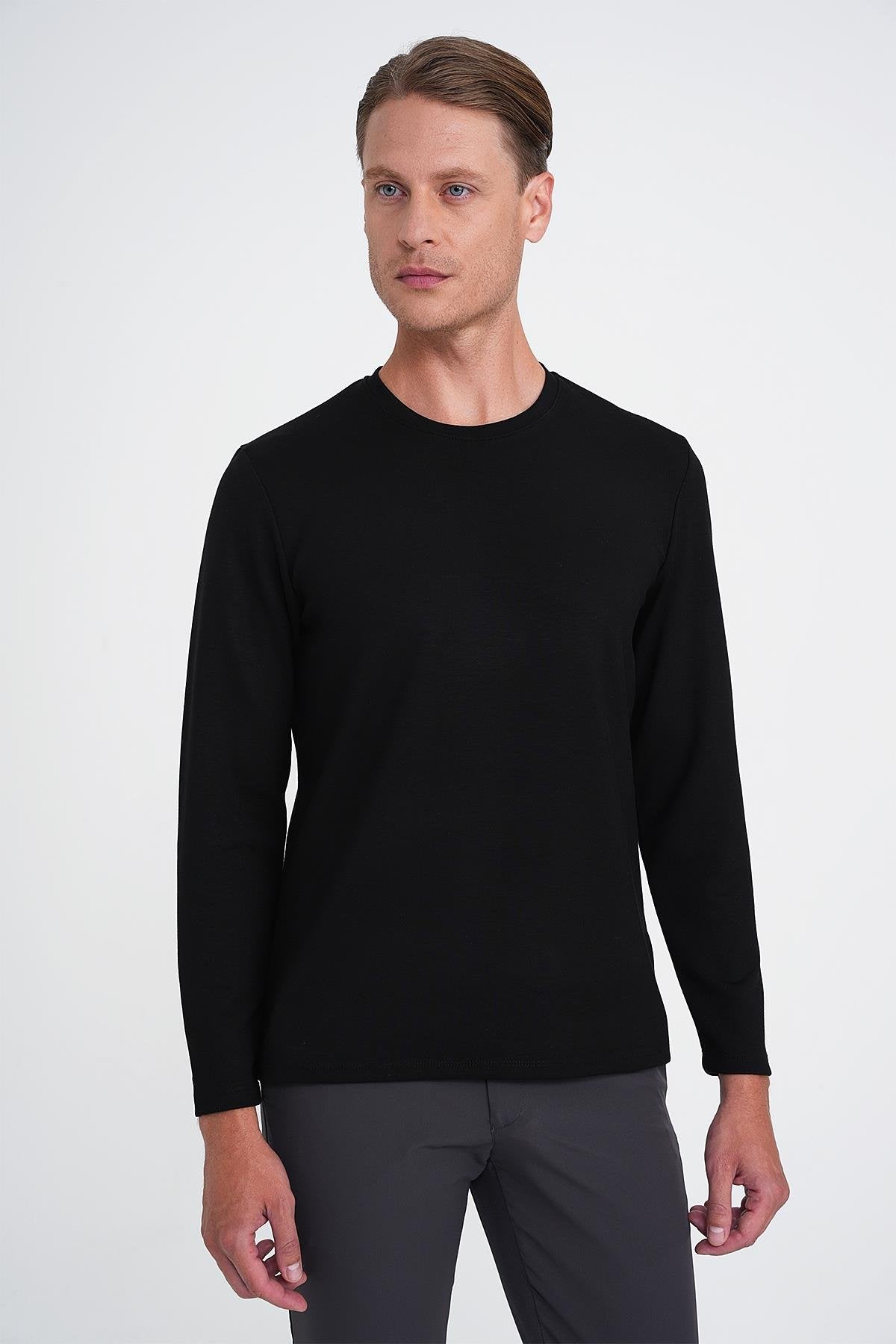 Ts 892 Comfort Fit Bisiklet Yaka Uzun Kol Casuel Siyah Tişört