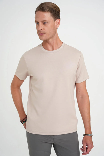 Ts 885 Comfort Fit Bisiklet Yaka Esnek Pamuk Casuel Bej Tişört