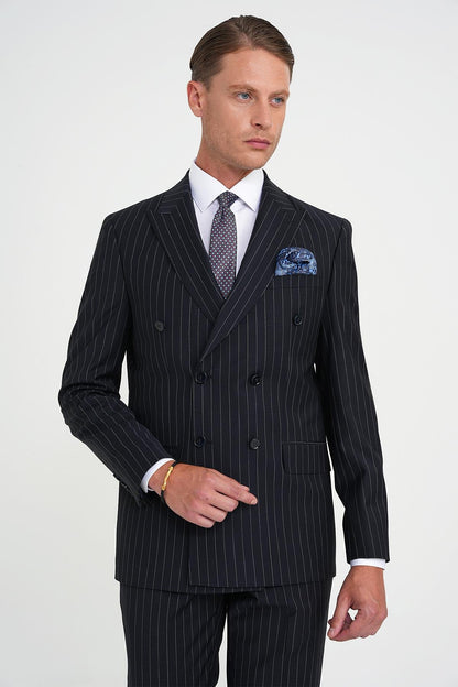 Slim Fit Çift Yırtmaç Çizgili Kruvaze Klasik Koyu Lacivert Takım Elbise Tk 925