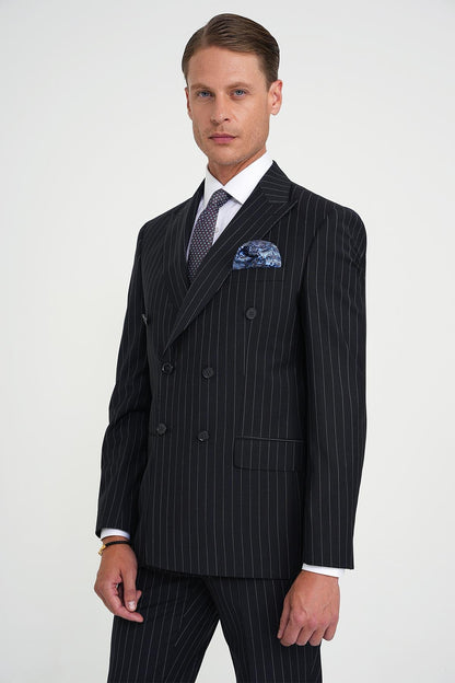Slim Fit Çift Yırtmaç Çizgili Kruvaze Klasik Koyu Lacivert Takım Elbise Tk 925