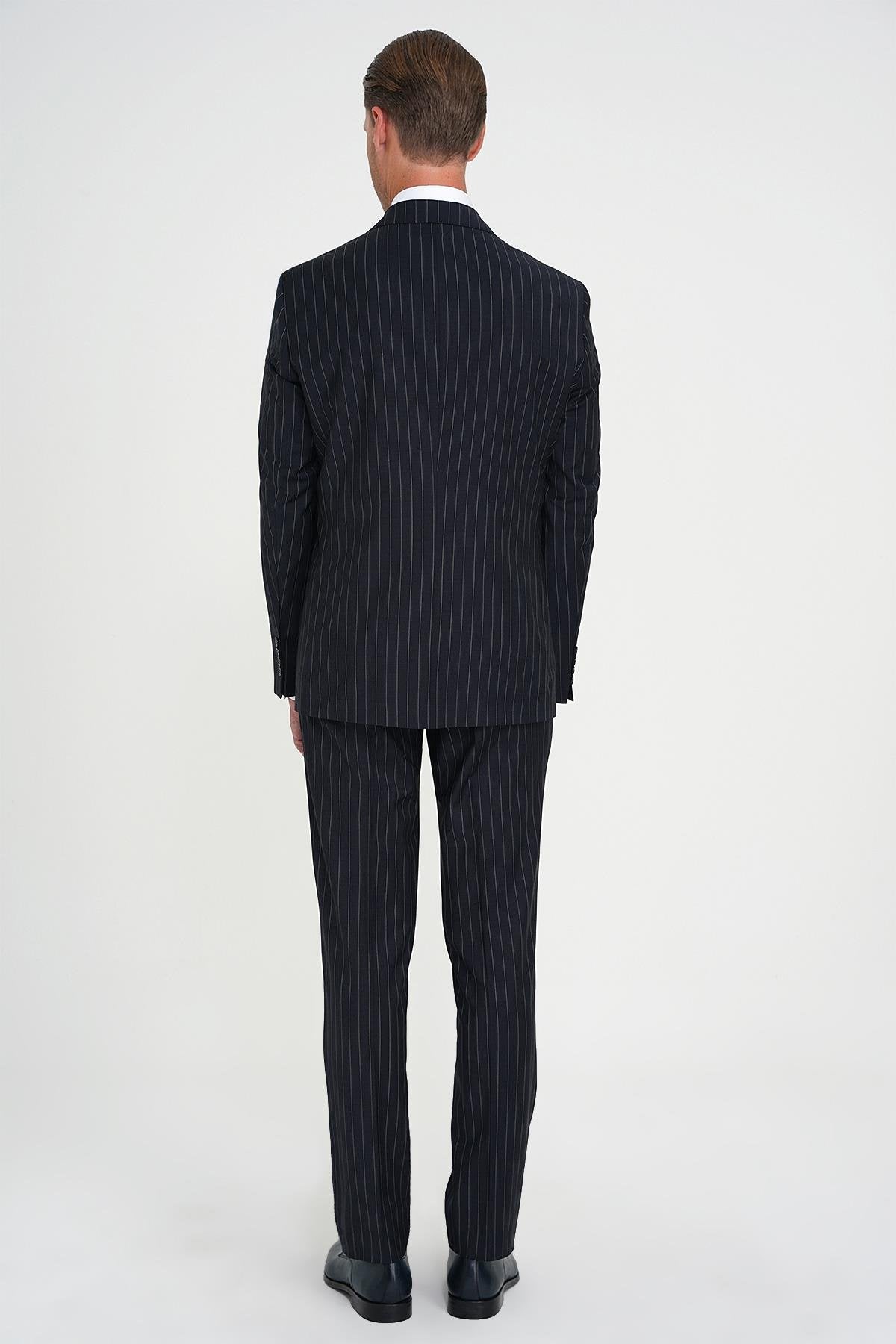 Slim Fit Çift Yırtmaç Çizgili Kruvaze Klasik Koyu Lacivert Takım Elbise Tk 925