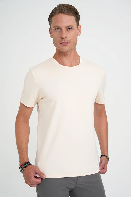 Ts 885 Comfort Fit Bisiklet Yaka Esnek Pamuk Casuel Krem Tişört