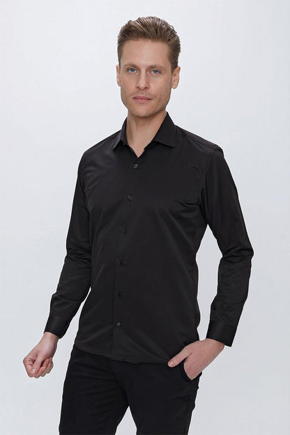 Gk 624 Slim Fit Pamuk Saten Klasik Siyah Gömlek