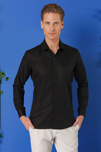 Gk 719 Slim Fit Dokulu Pamuklu Klasik Siyah Gömlek