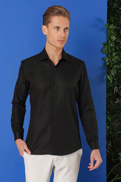 Gk 719 Slim Fit Dokulu Pamuklu Klasik Siyah Gömlek