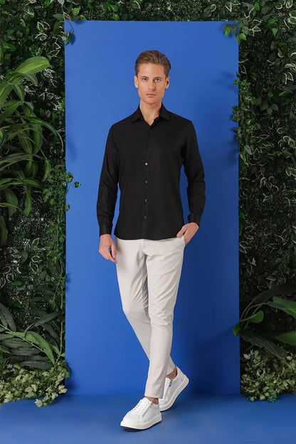 Gk 719 Slim Fit Dokulu Pamuklu Klasik Siyah Gömlek