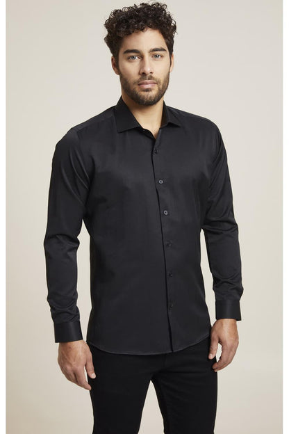 Gk 604 Slim Fit Pamuk Saten Klasik Siyah Gömlek
