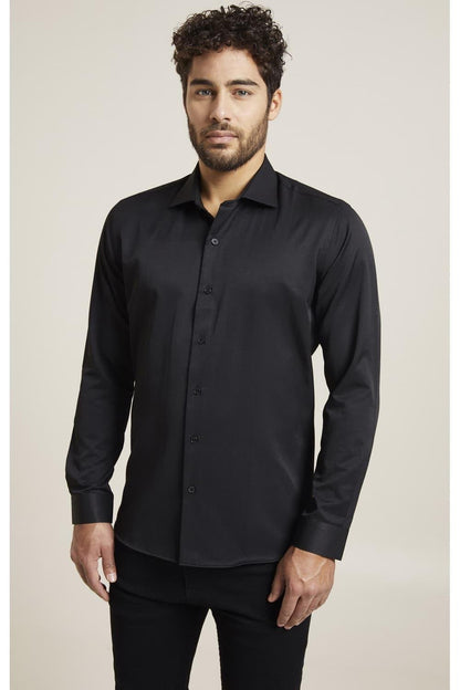 Gk 604 Slim Fit Pamuk Saten Klasik Siyah Gömlek