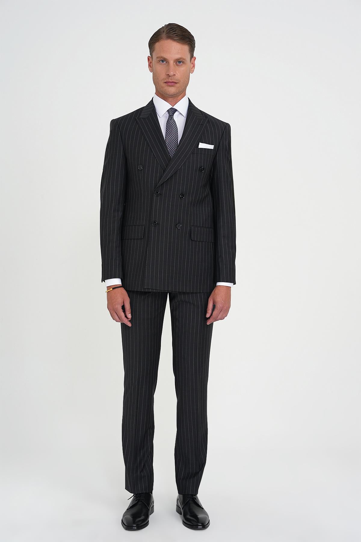 Slim Fit Çift Yırtmaç Çizgili Kruvaze Klasik Antrasit Takım Elbise Tk 925