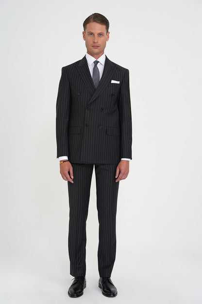 Slim Fit Çift Yırtmaç Çizgili Kruvaze Klasik Antrasit Takım Elbise Tk 925